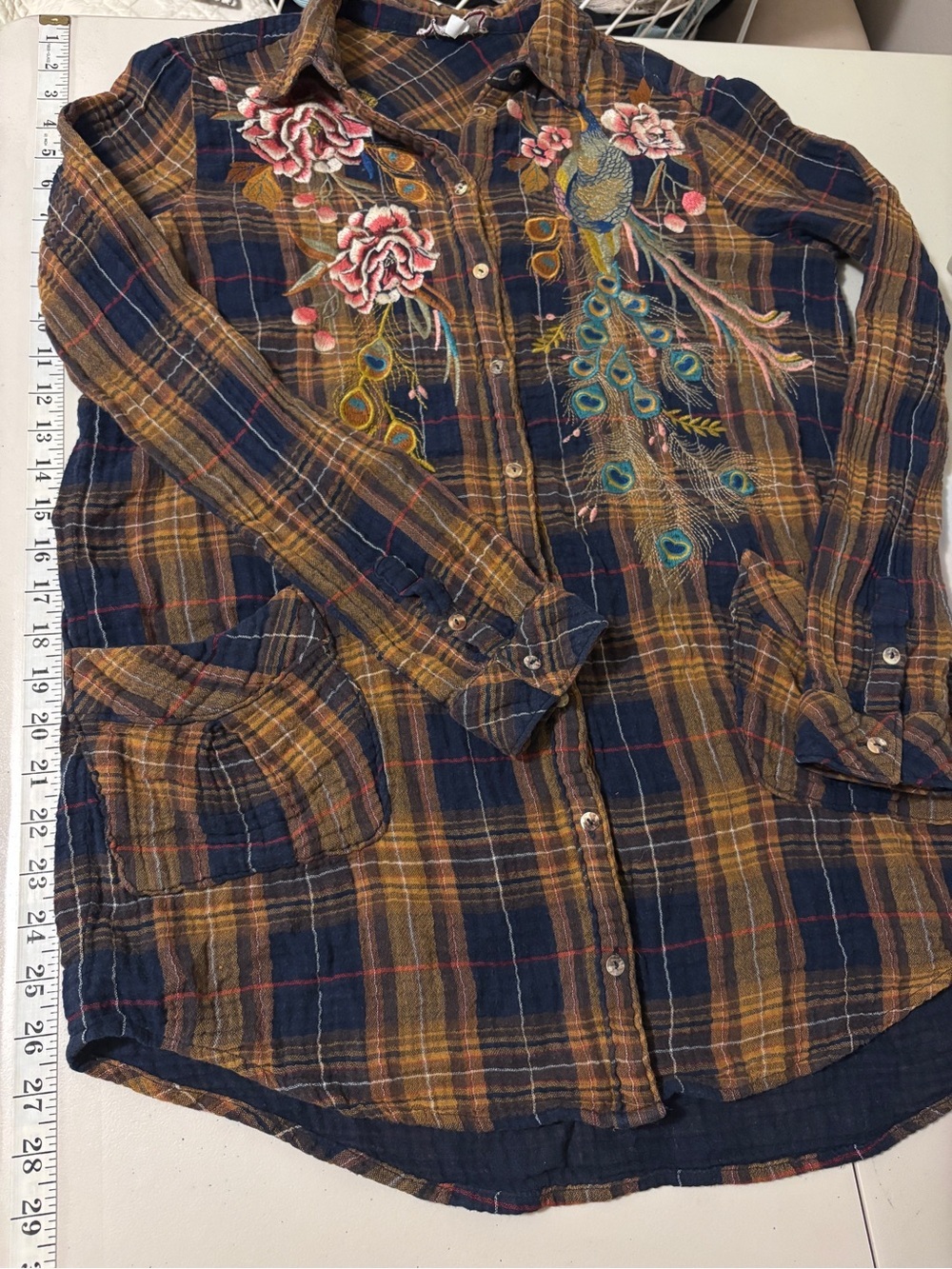 Johnny Was Quito Painters Smock Size Small Tunic Plaid Floral Peacock Gauze Soft - Picture 7 of 11